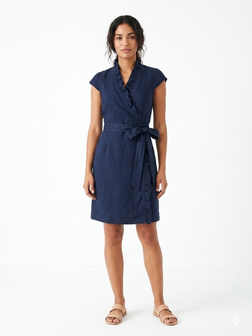 J. Crew 100% linen Navy Ruffle-Trim Wrap Dress
